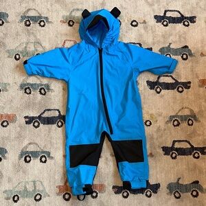 Blue Hooded Toddler Rain Jumpsuit with Black Accents